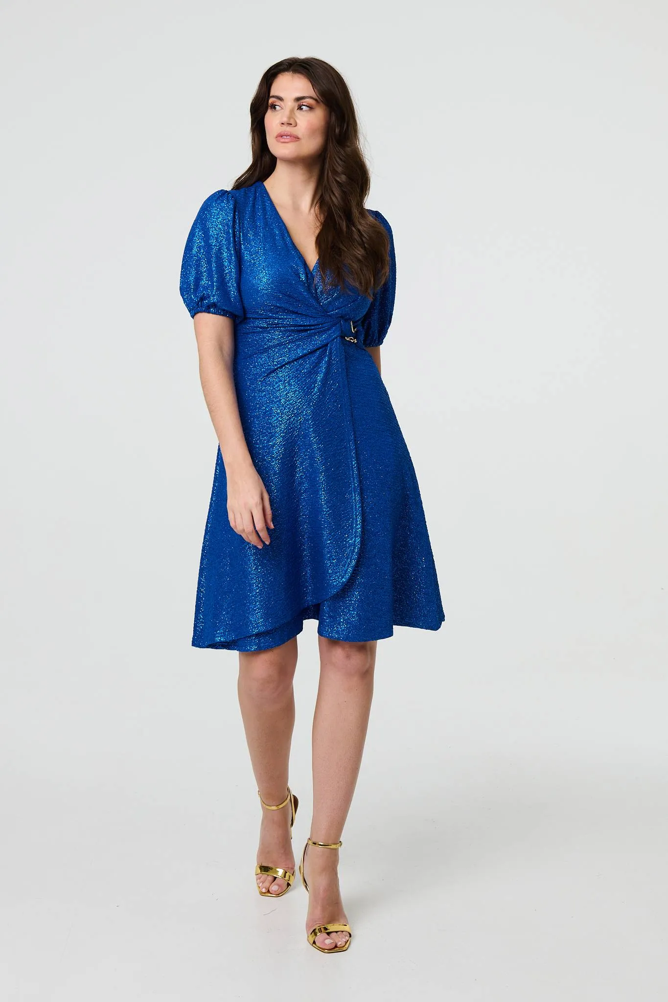 Sparkly Short Sleeve Belted Wrap Dress