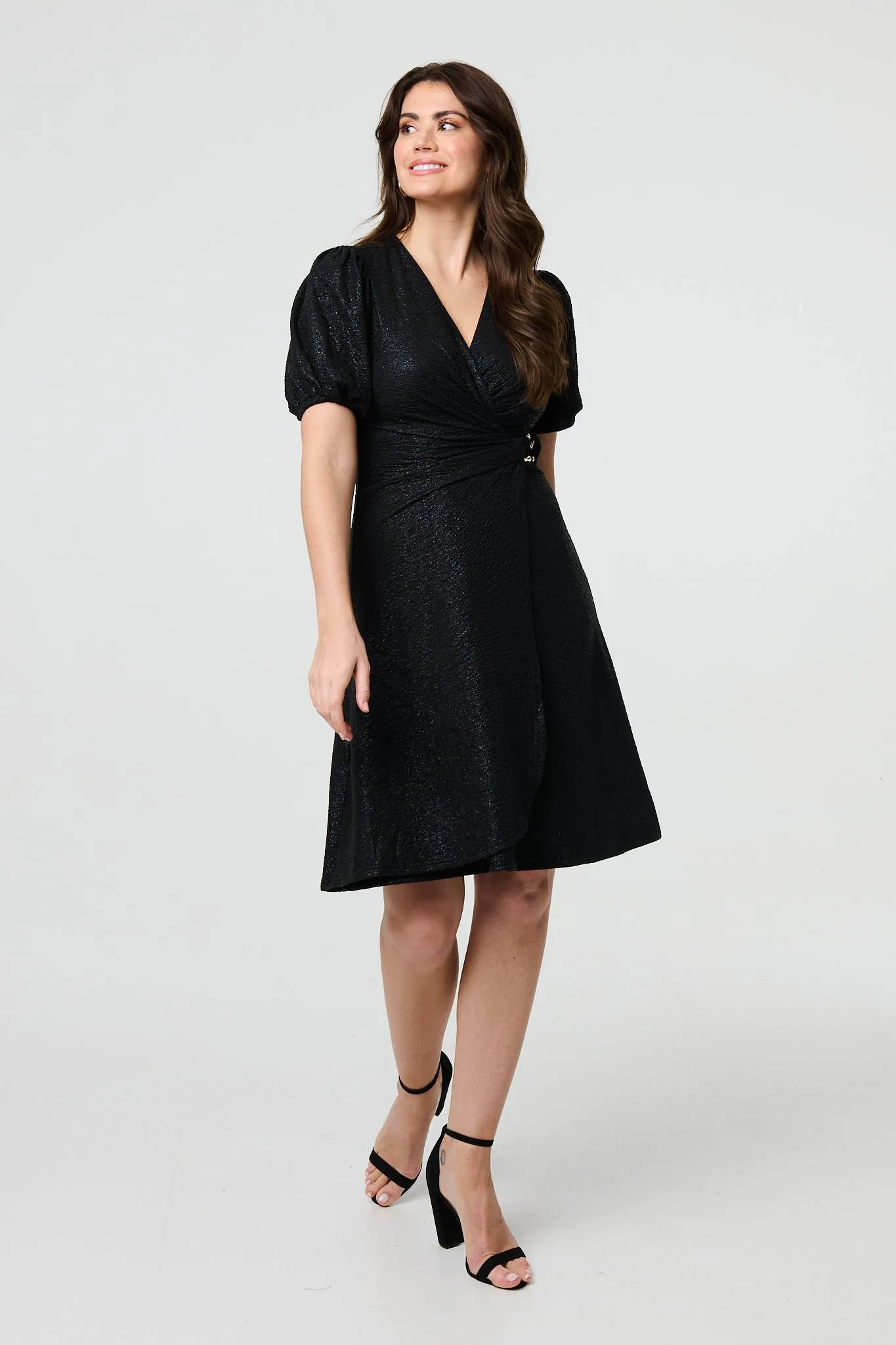 Sparkly Short Sleeve Belted Wrap Dress