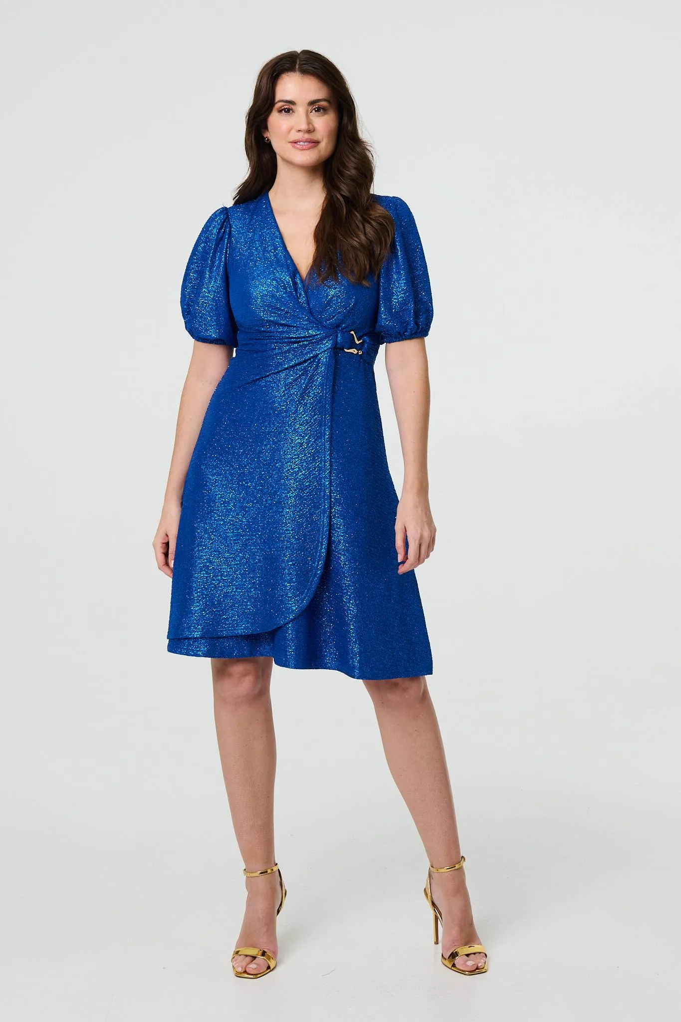 Sparkly Short Sleeve Belted Wrap Dress