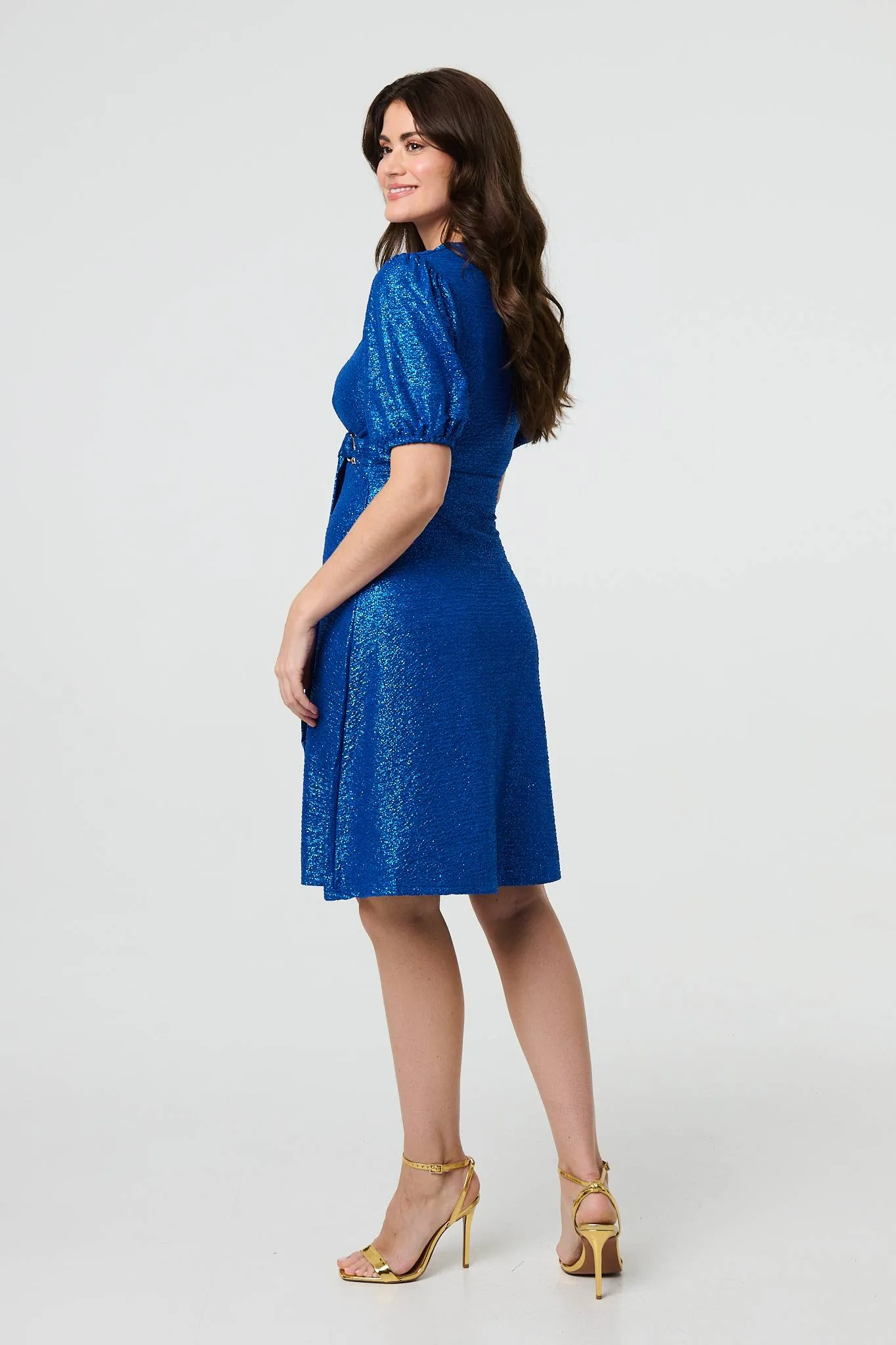 Sparkly Short Sleeve Belted Wrap Dress