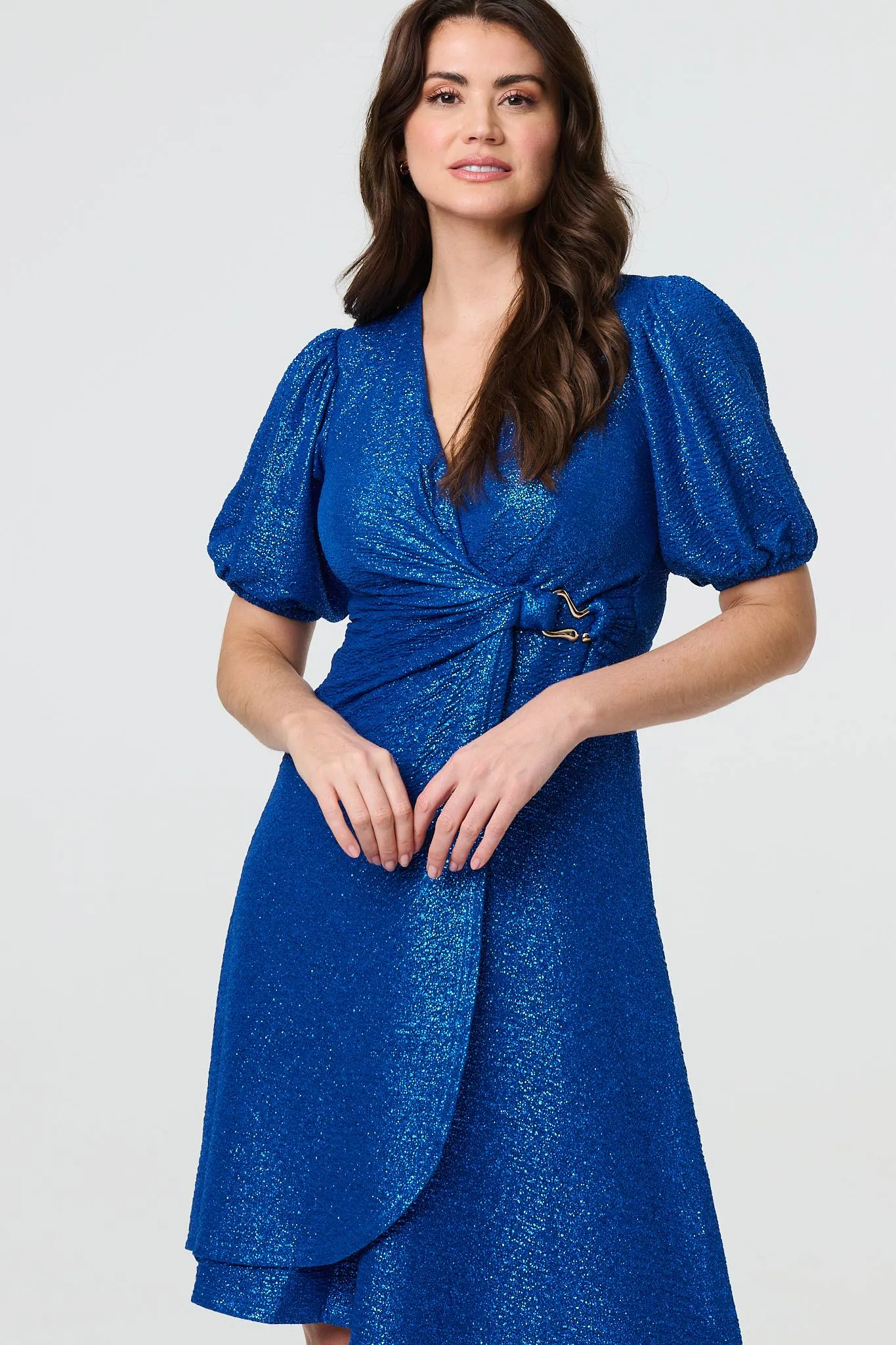 Sparkly Short Sleeve Belted Wrap Dress