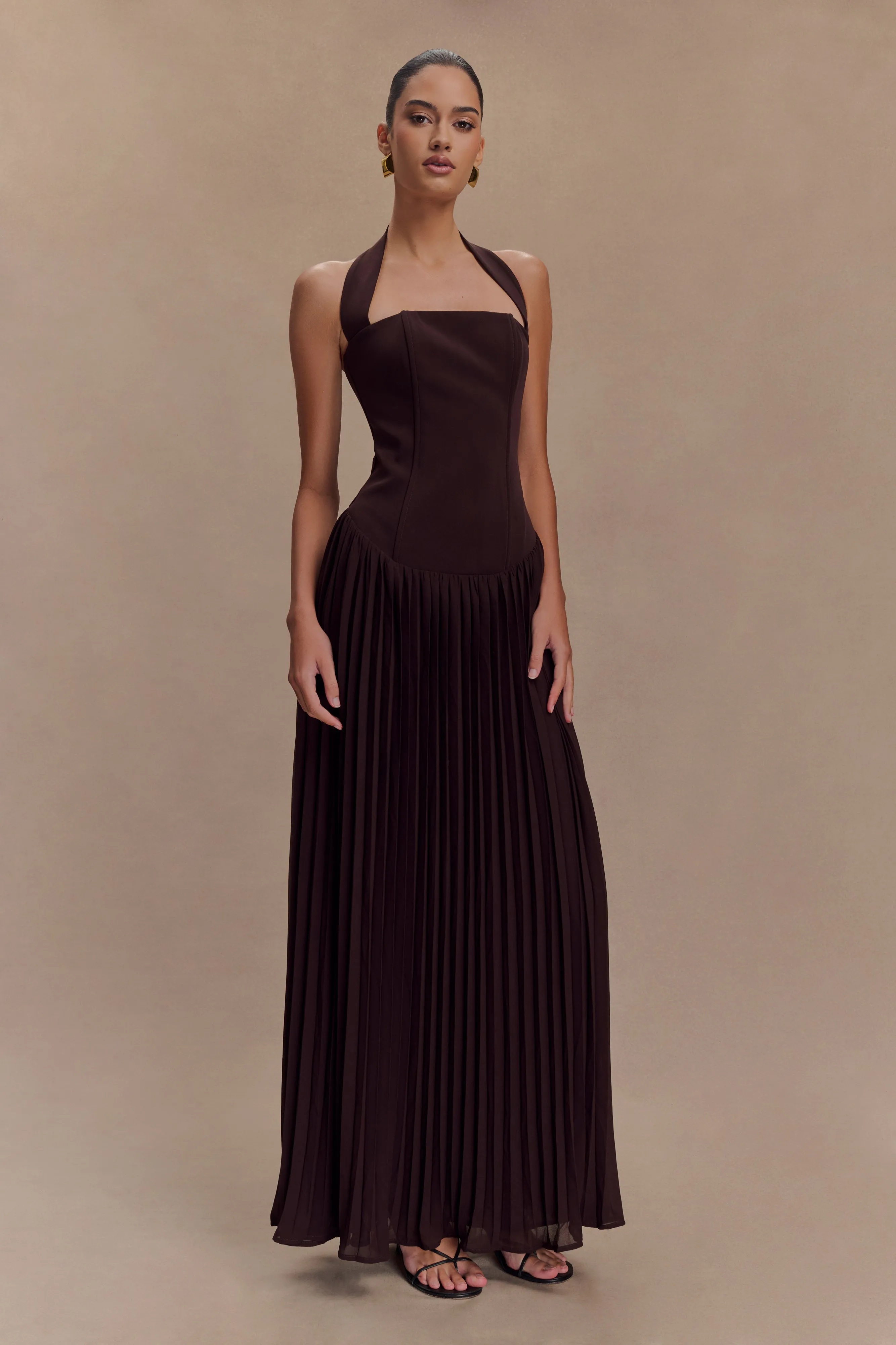 Stacie Pleated Halter Maxi Dress - Cacao