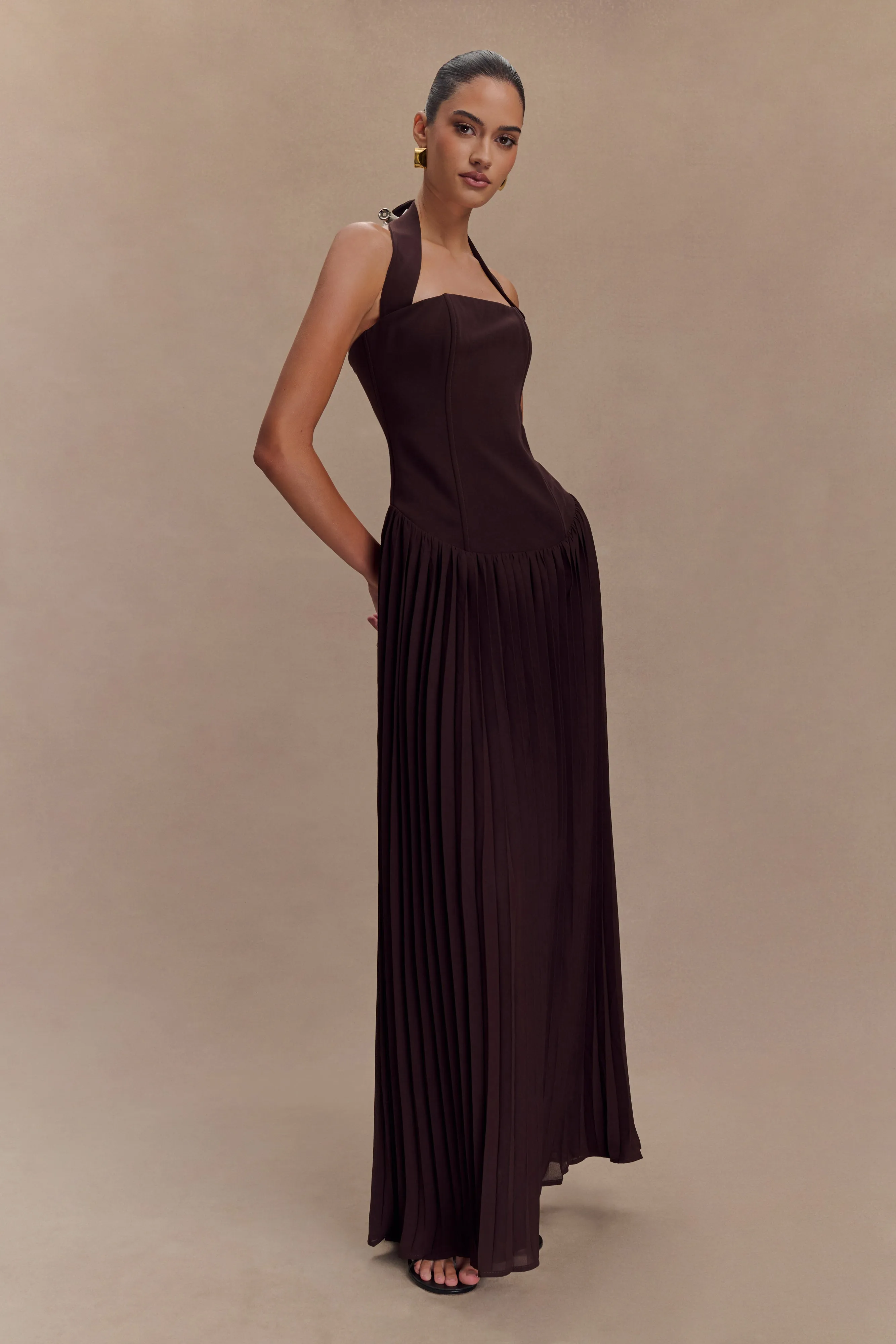 Stacie Pleated Halter Maxi Dress - Cacao