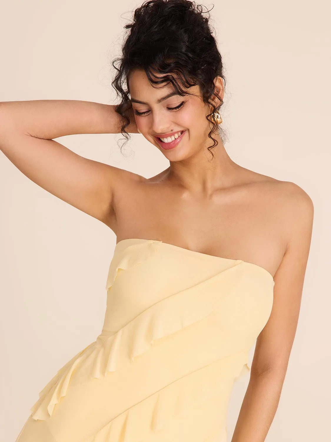 Strapless Midi Dress With Cascading Ruffles