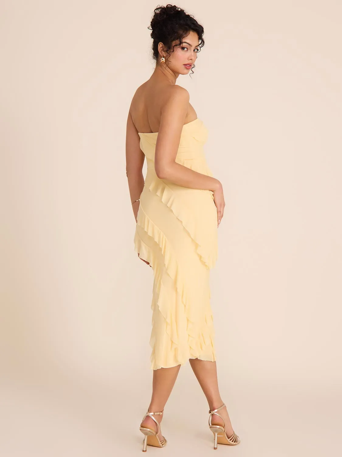 Strapless Midi Dress With Cascading Ruffles
