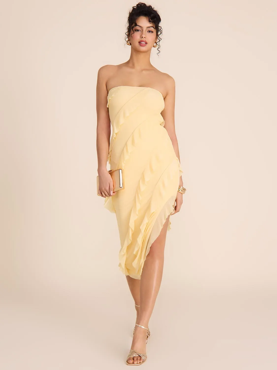 Strapless Midi Dress With Cascading Ruffles
