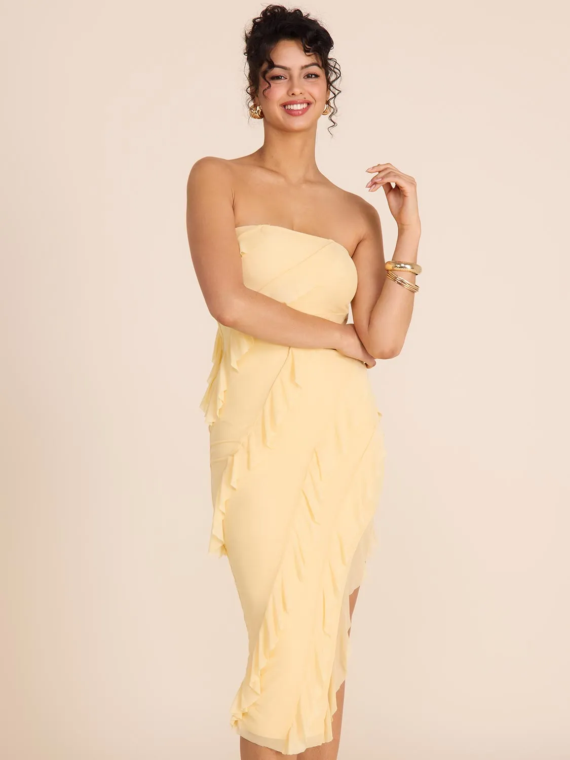 Strapless Midi Dress With Cascading Ruffles