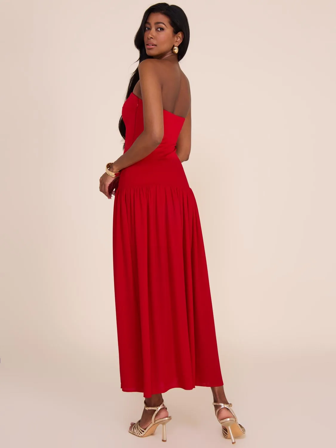 Strapless Midi Dress With Chiffon Skirt