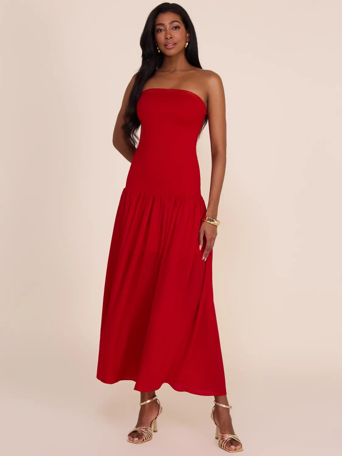 Strapless Midi Dress With Chiffon Skirt