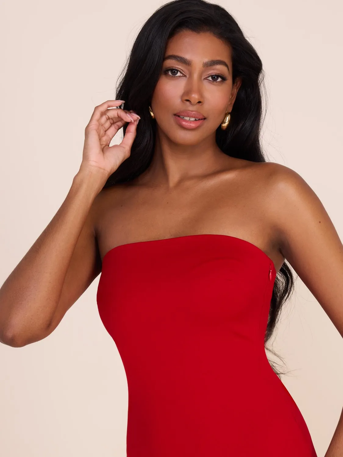 Strapless Midi Dress With Chiffon Skirt