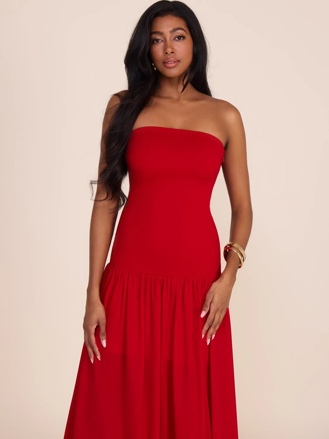 Strapless Midi Dress With Chiffon Skirt