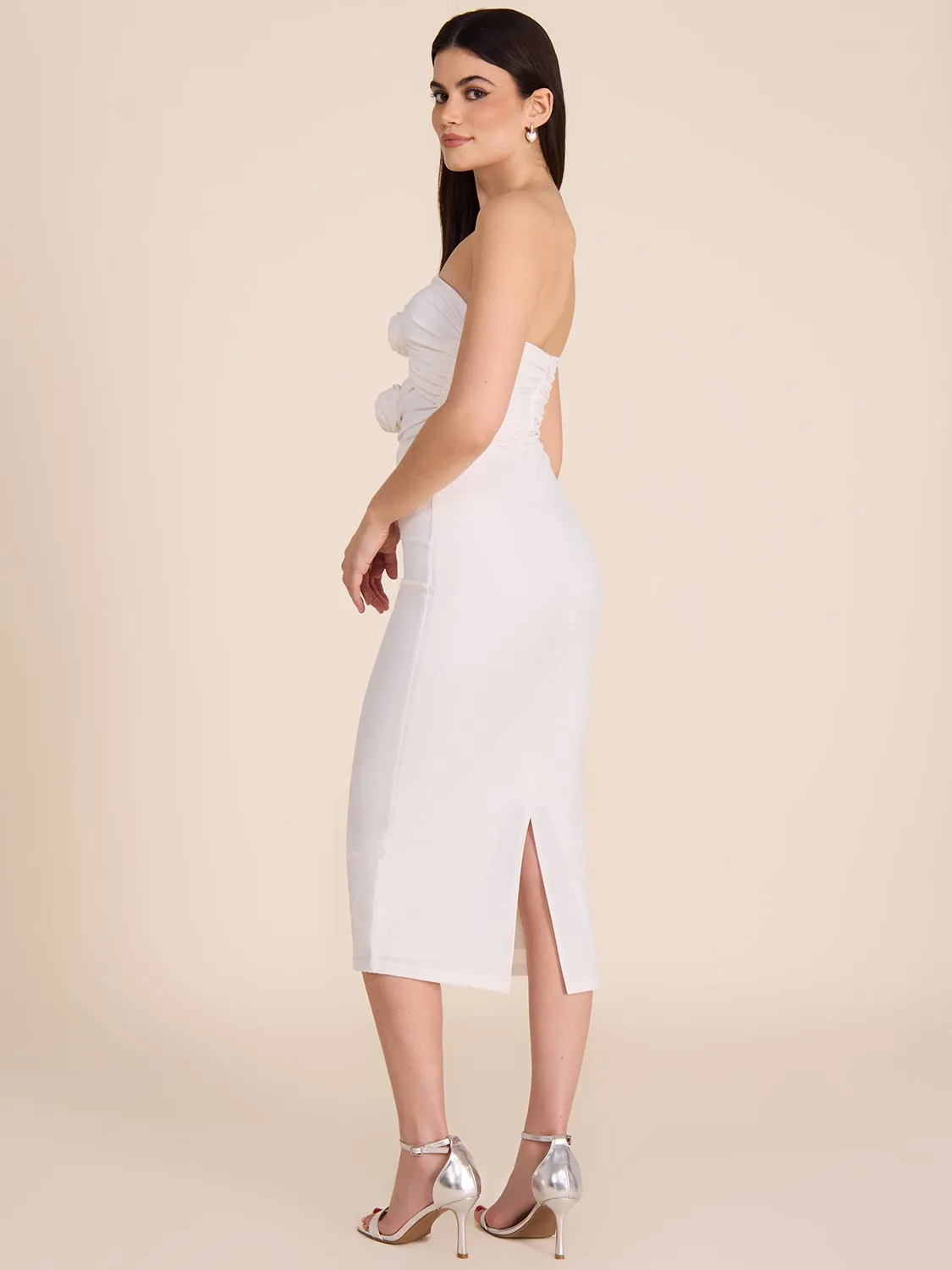 Strapless Midi Dress With Rosettes & Cut-Outs