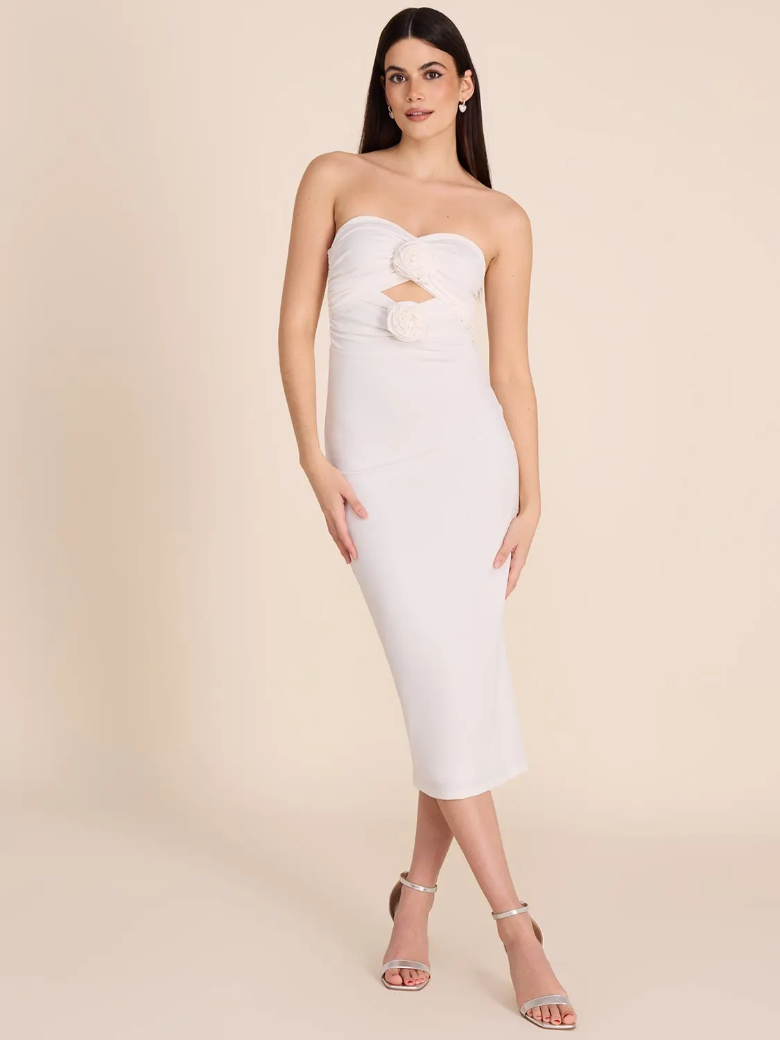 Strapless Midi Dress With Rosettes & Cut-Outs