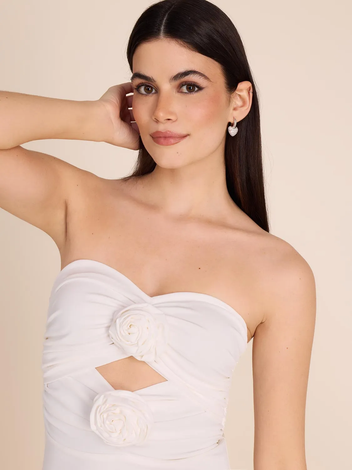 Strapless Midi Dress With Rosettes & Cut-Outs