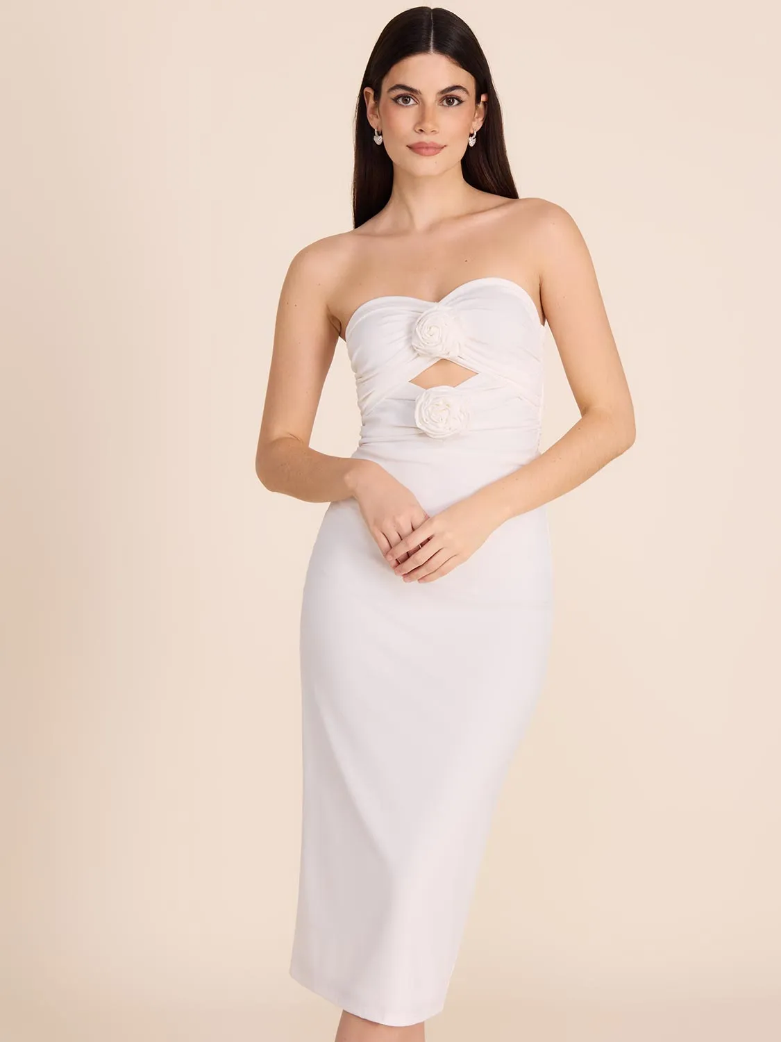 Strapless Midi Dress With Rosettes & Cut-Outs