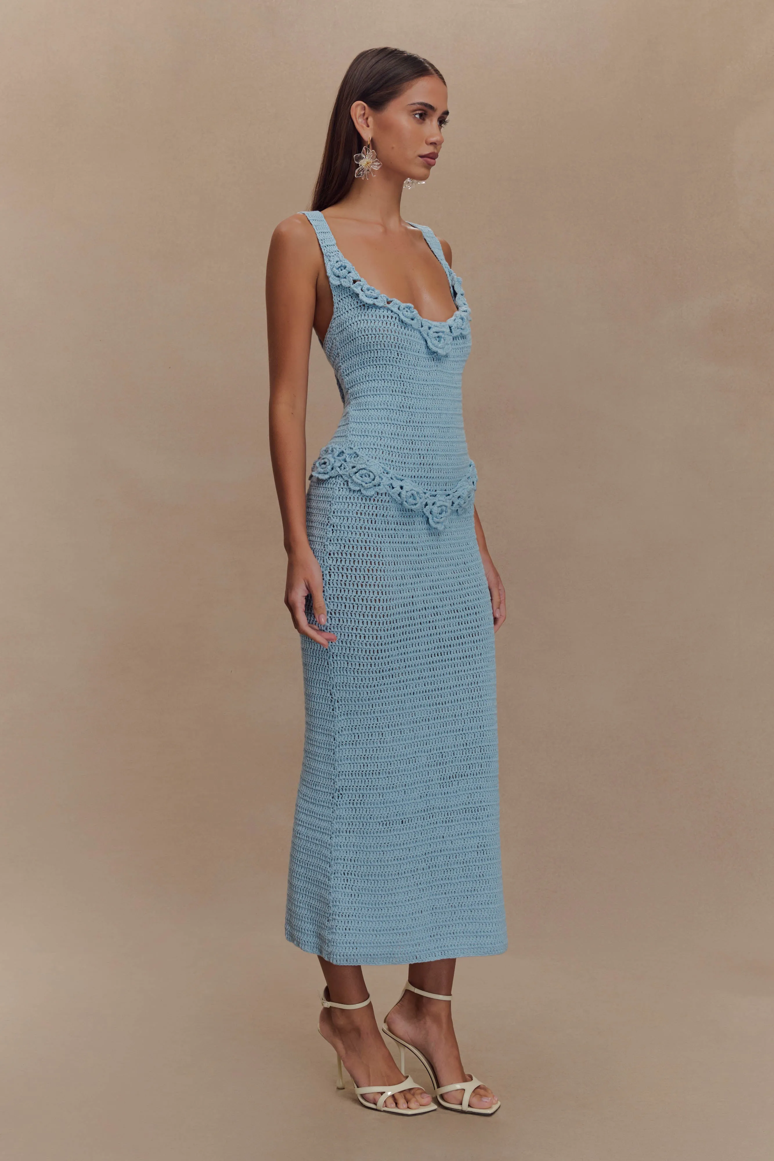 Teagan Floral Hand Crochet Midi Dress - Blue