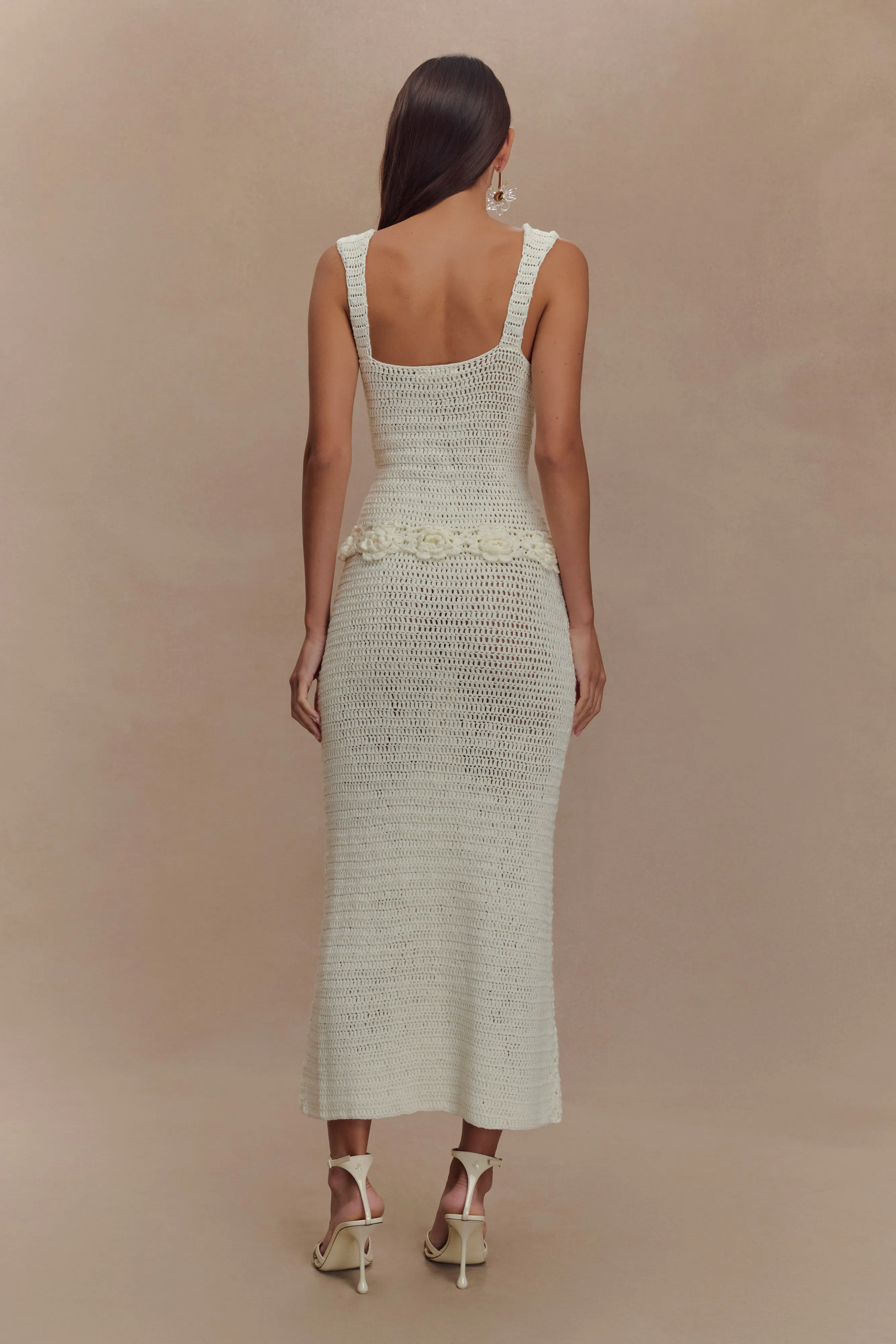 Teagan Floral Hand Crochet Midi Dress - Ivory