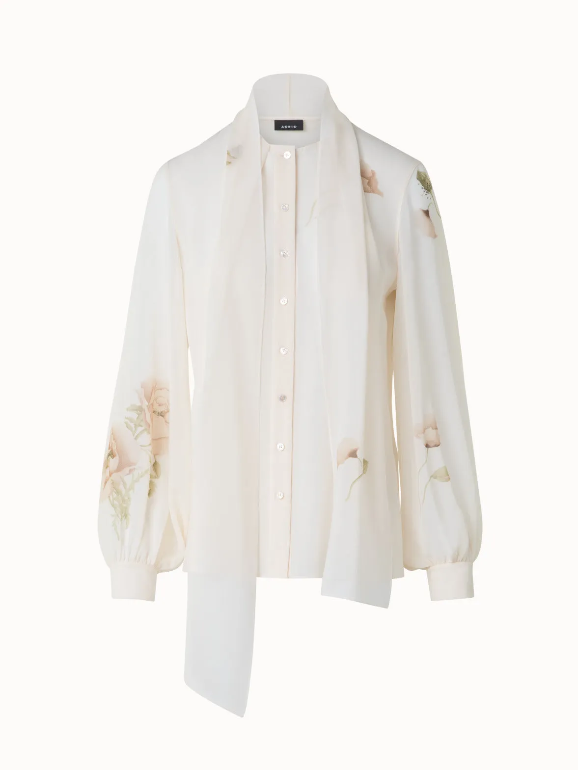 Tie Neck Silk Blouse with Anemone Print