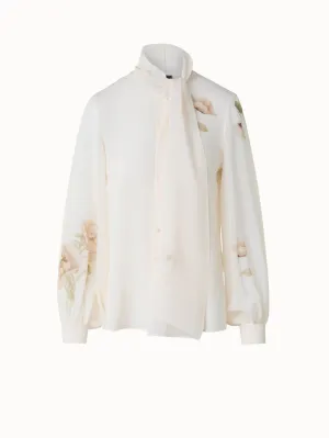 Tie Neck Silk Blouse with Anemone Print