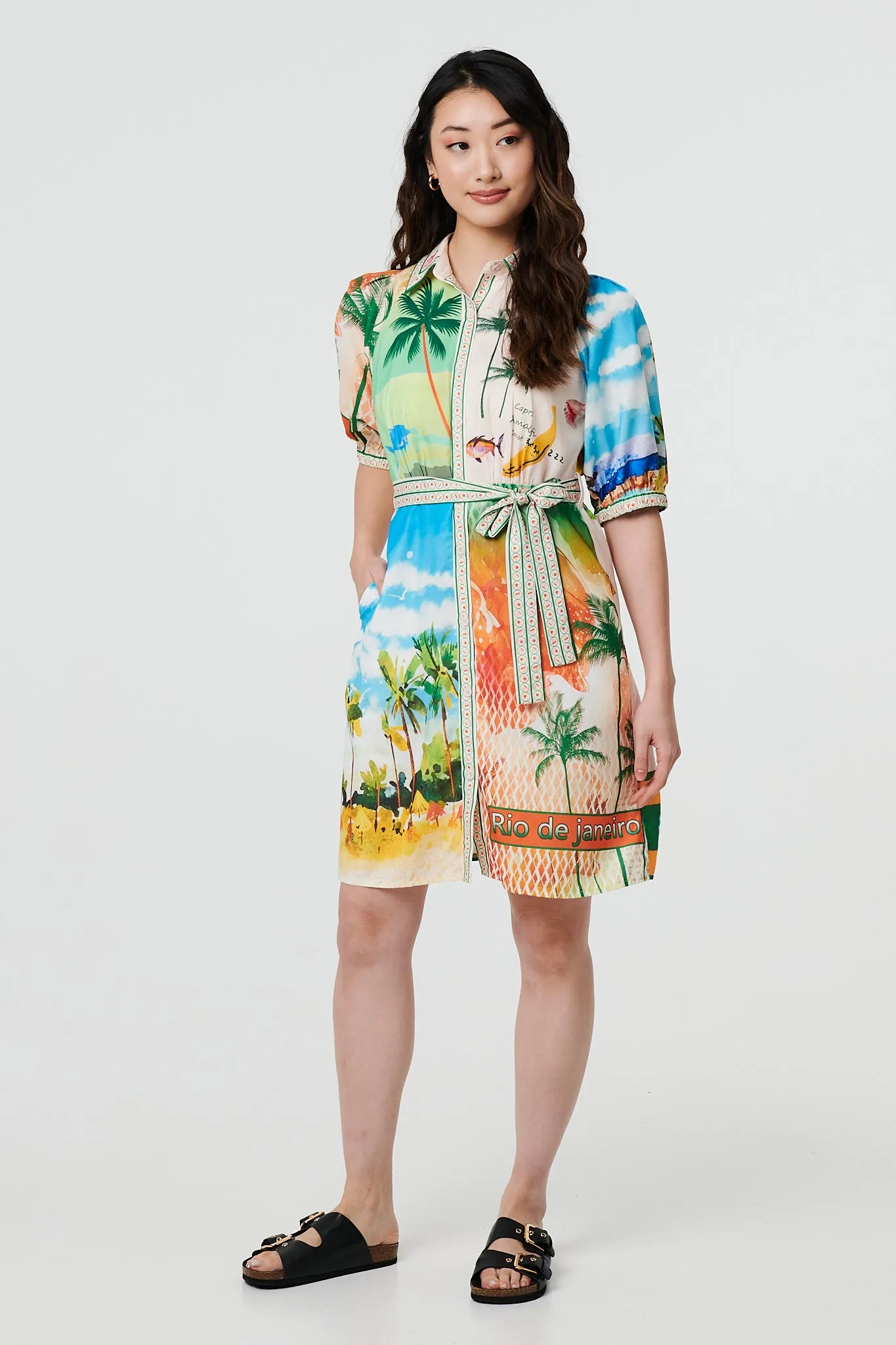 Tropical Print Tie Waist 1/2 Sleeve Mini Dress
