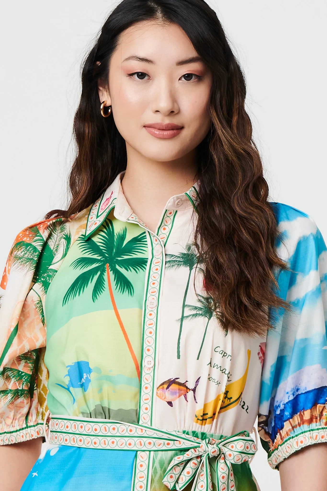 Tropical Print Tie Waist 1/2 Sleeve Mini Dress