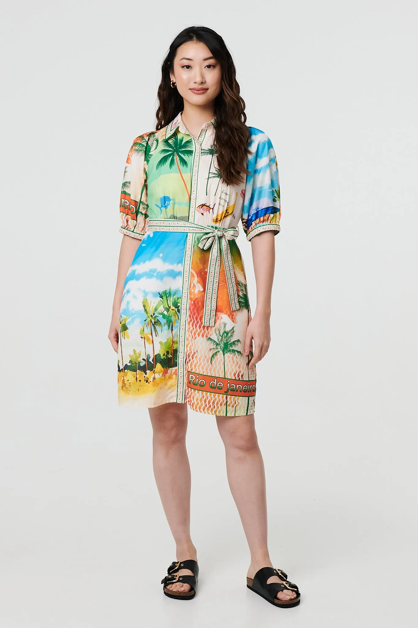 Tropical Print Tie Waist 1/2 Sleeve Mini Dress