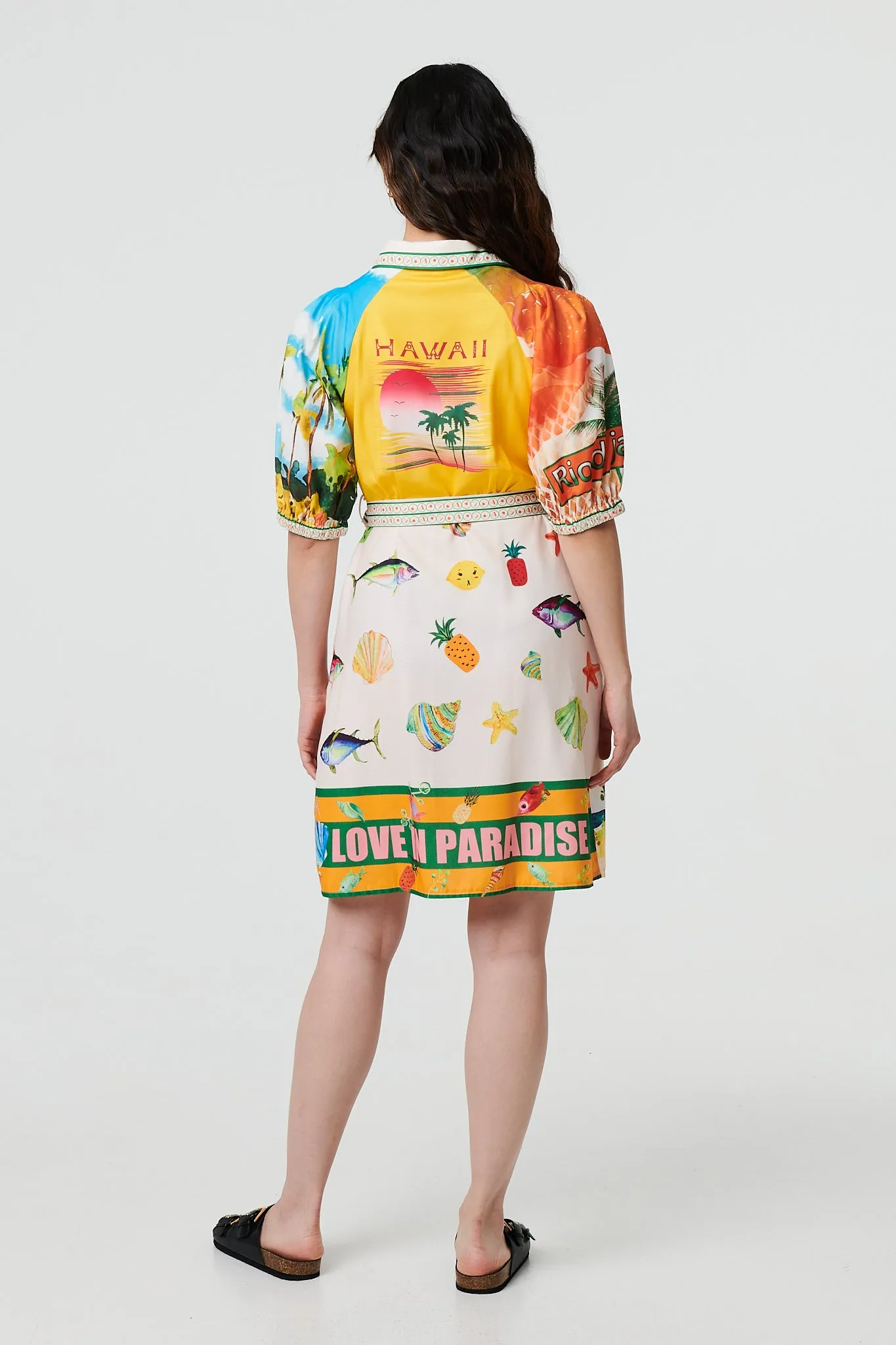 Tropical Print Tie Waist 1/2 Sleeve Mini Dress