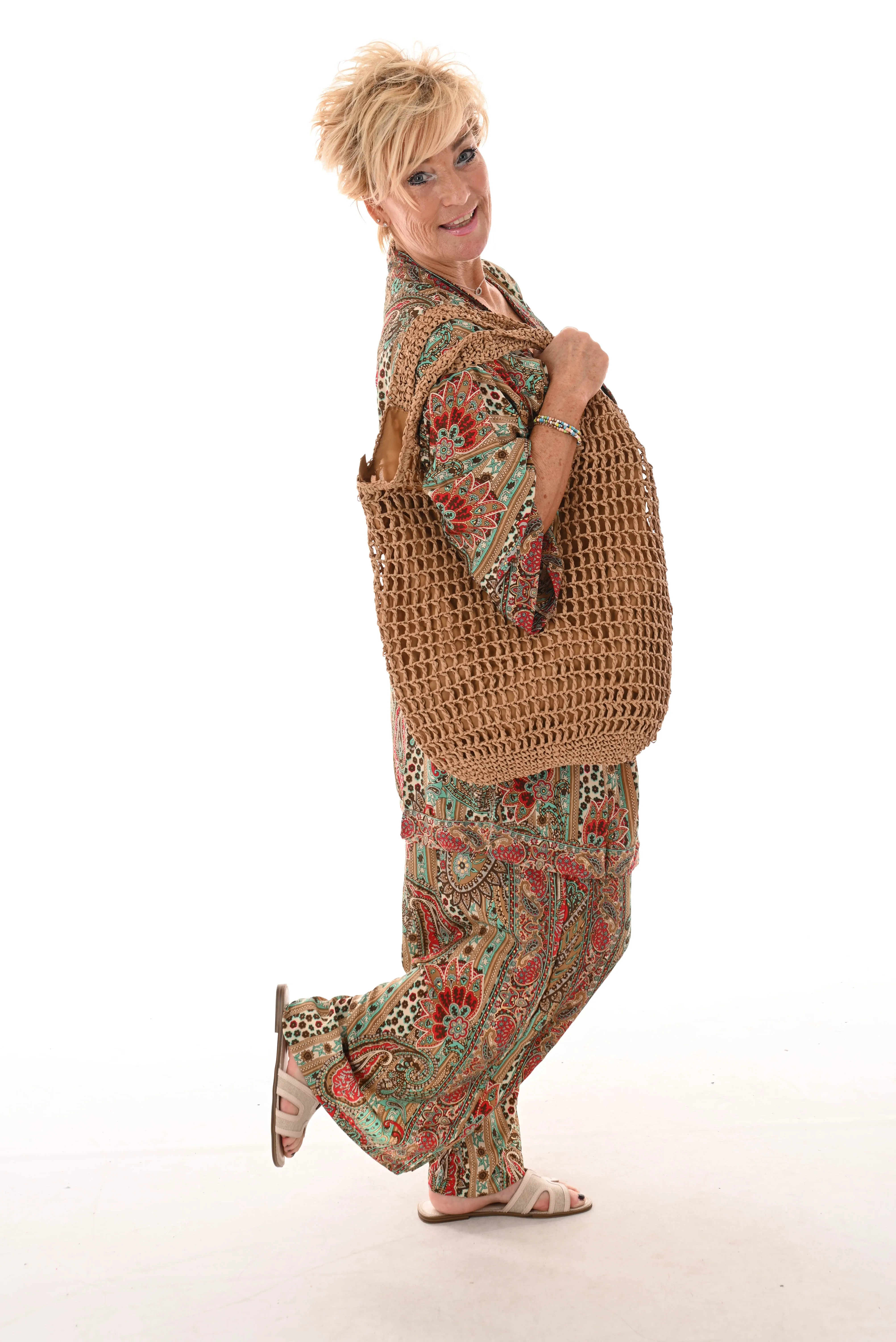 Tweedelig kimono pak paisley beige/groen