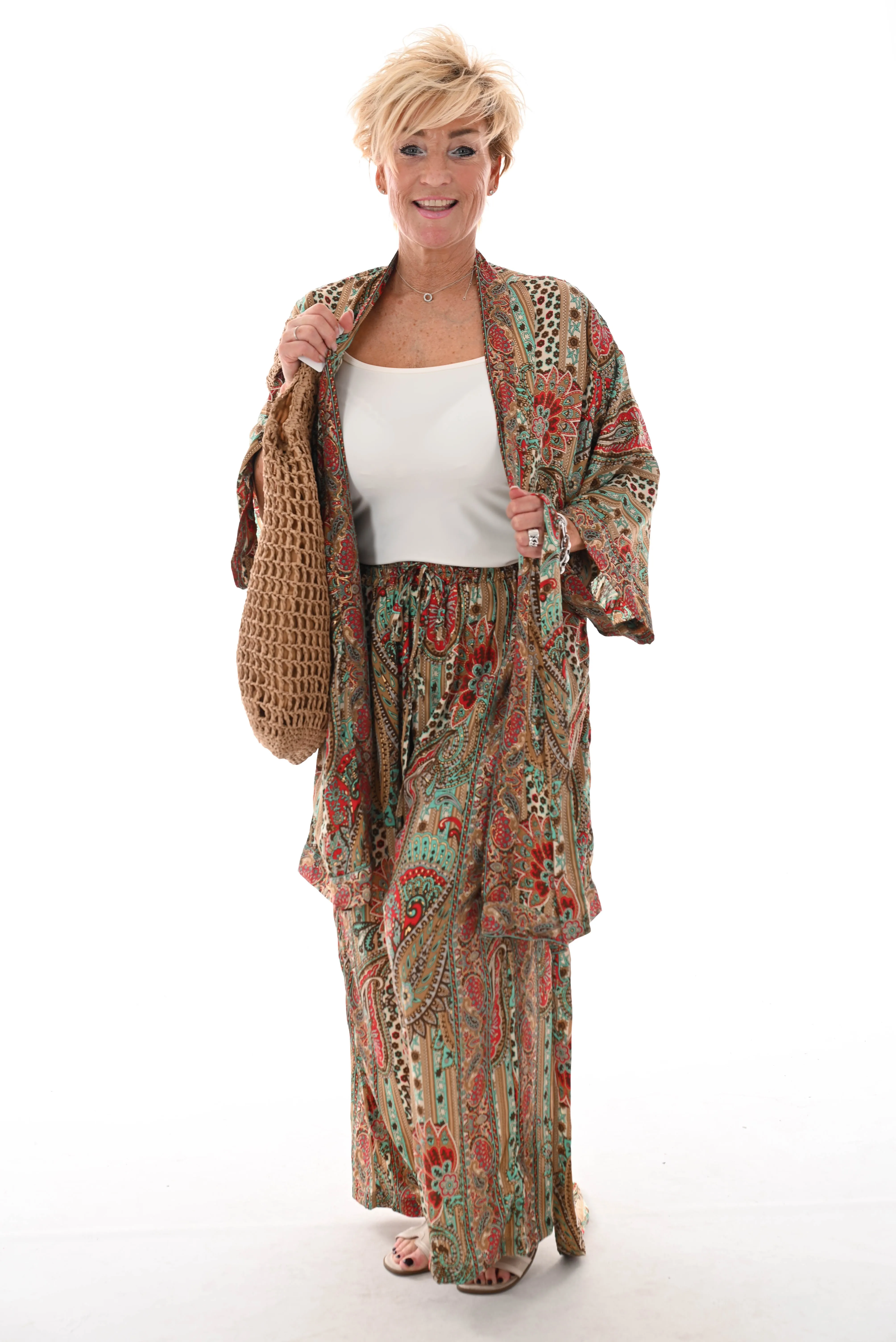 Tweedelig kimono pak paisley beige/groen