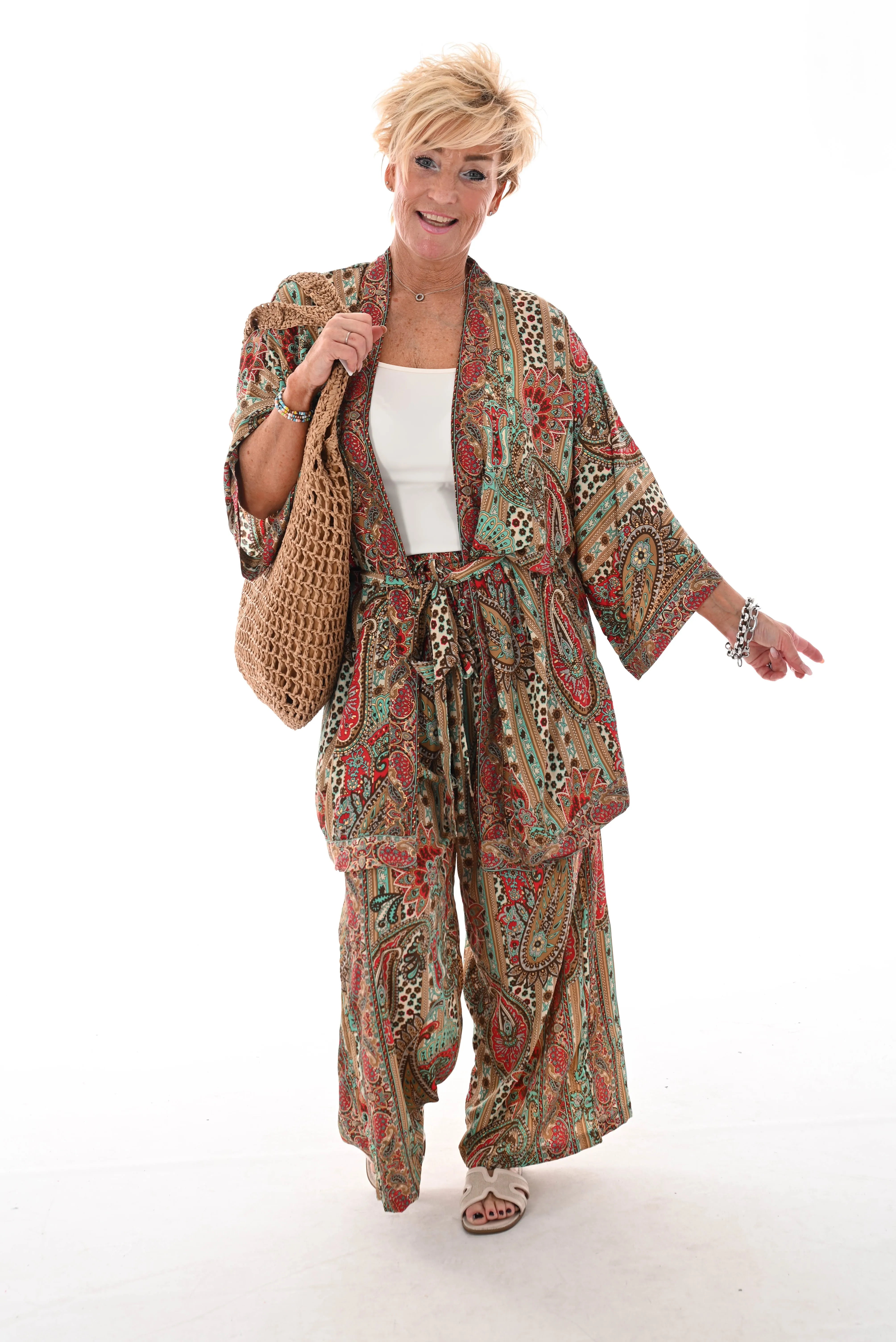 Tweedelig kimono pak paisley beige/groen