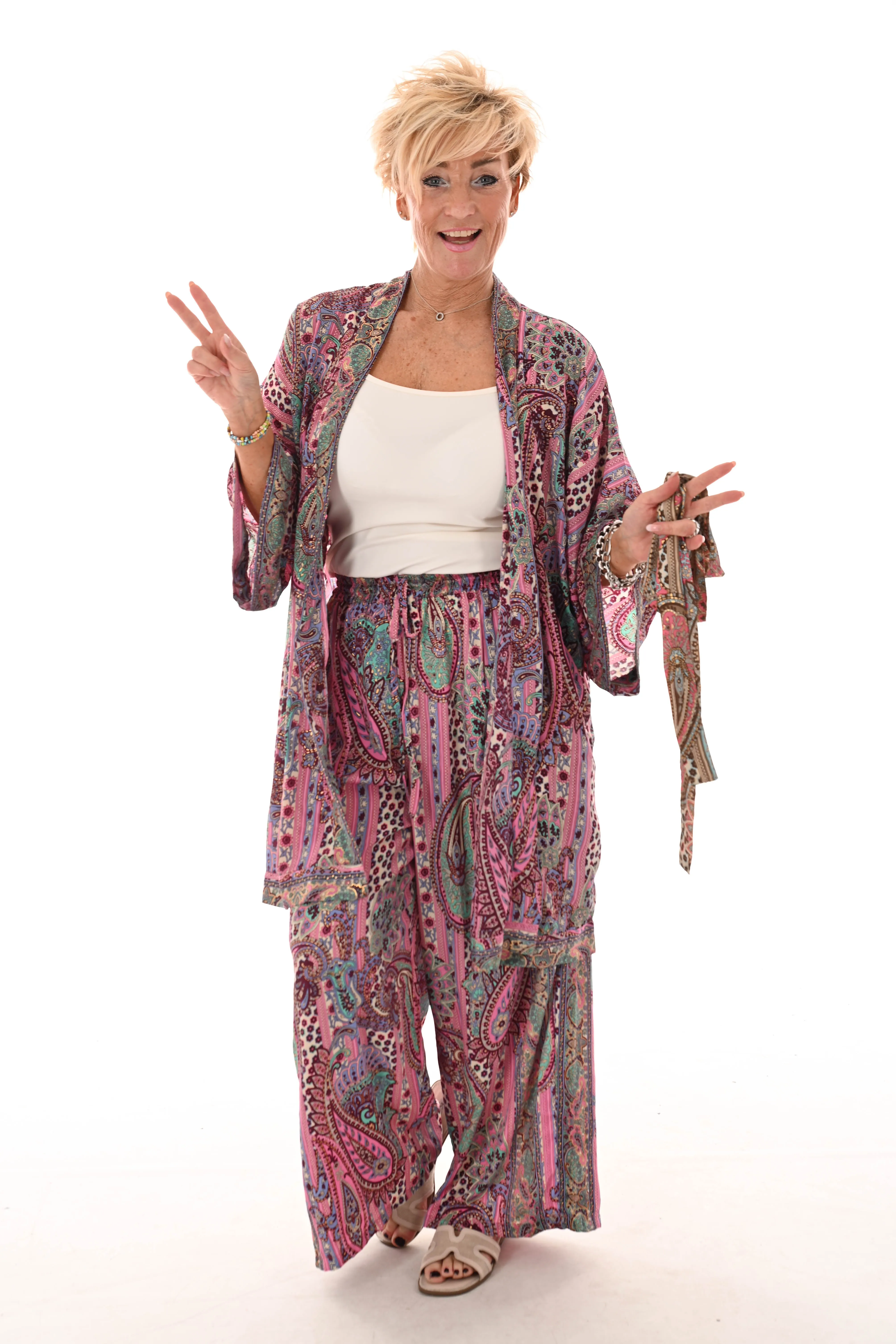 Tweedelig kimono pak paisley lila