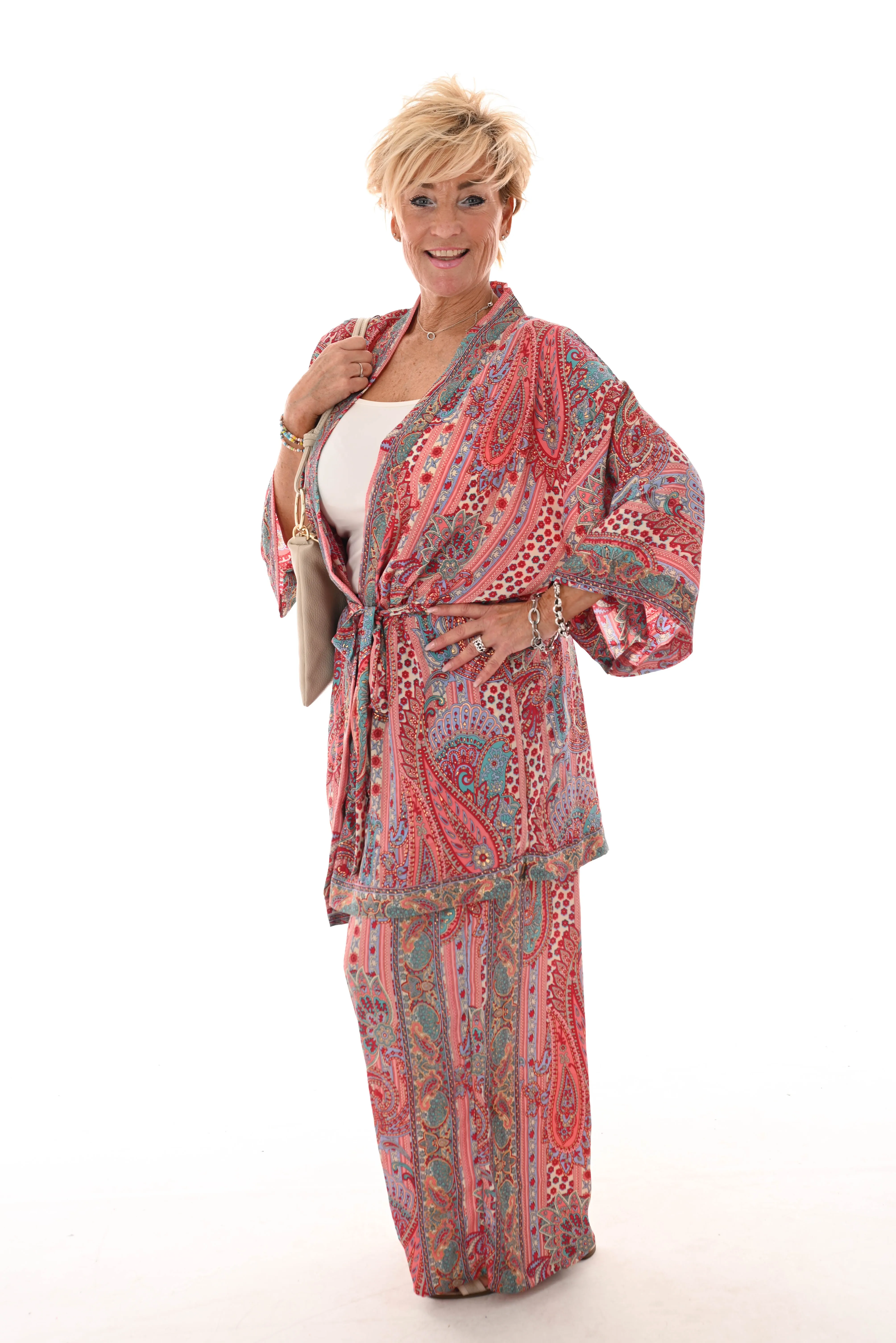 Tweedelig kimono pak paisley rood
