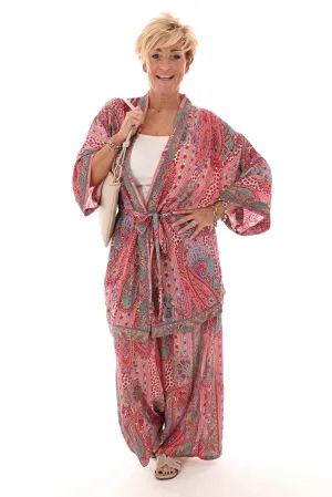 Tweedelig kimono pak paisley rood