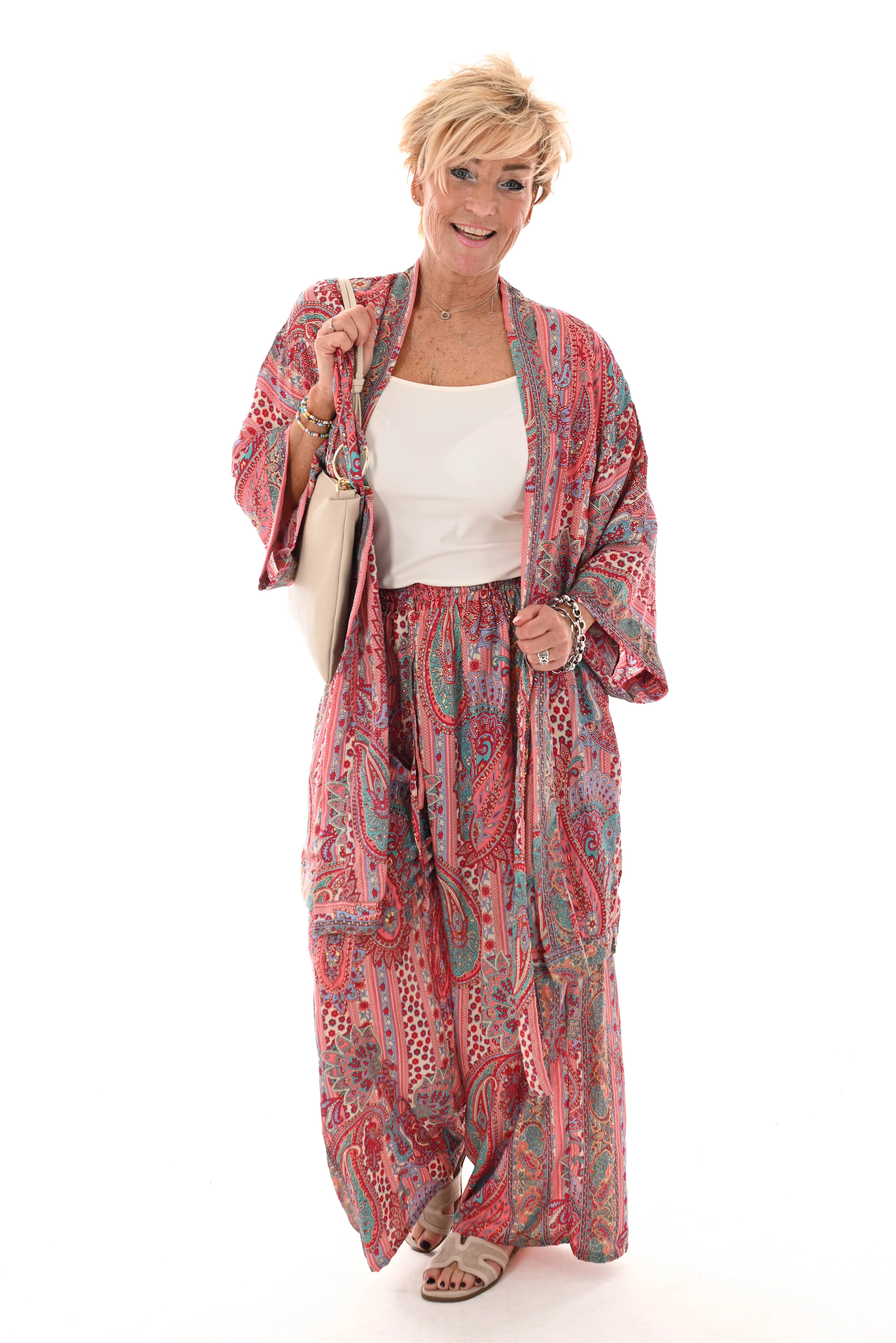 Tweedelig kimono pak paisley rood