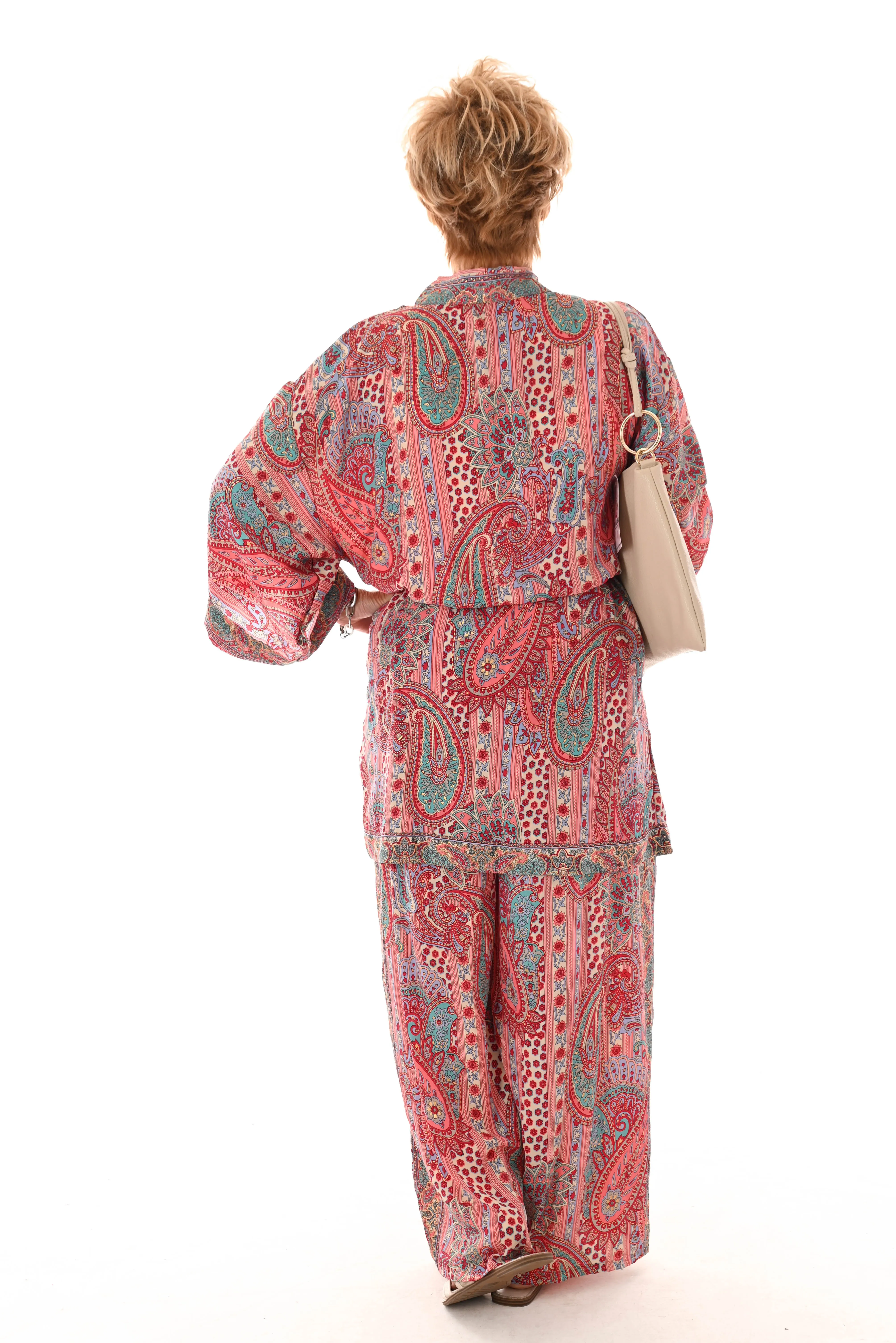 Tweedelig kimono pak paisley rood