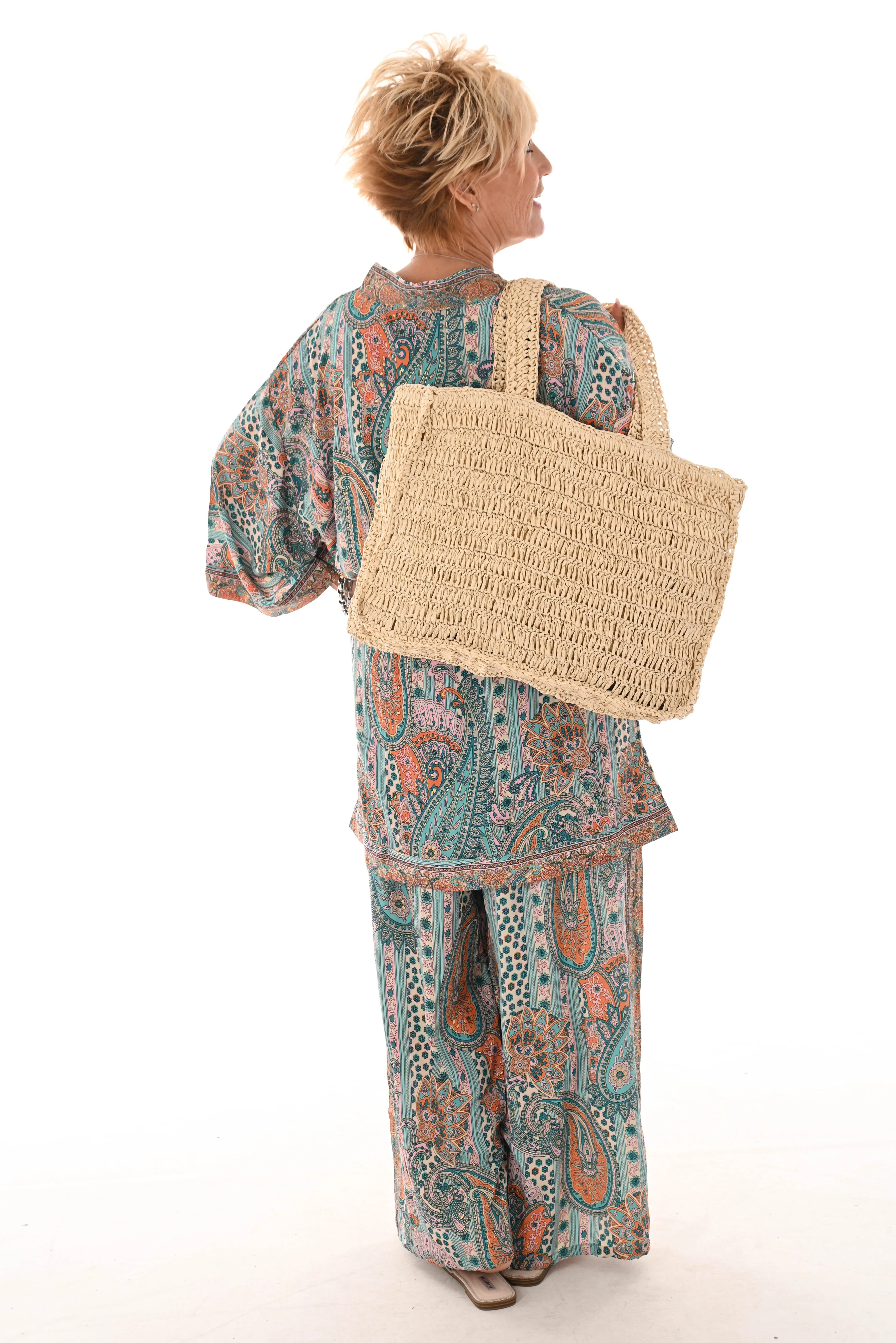 Tweedelig kimono pak paisley turquoise