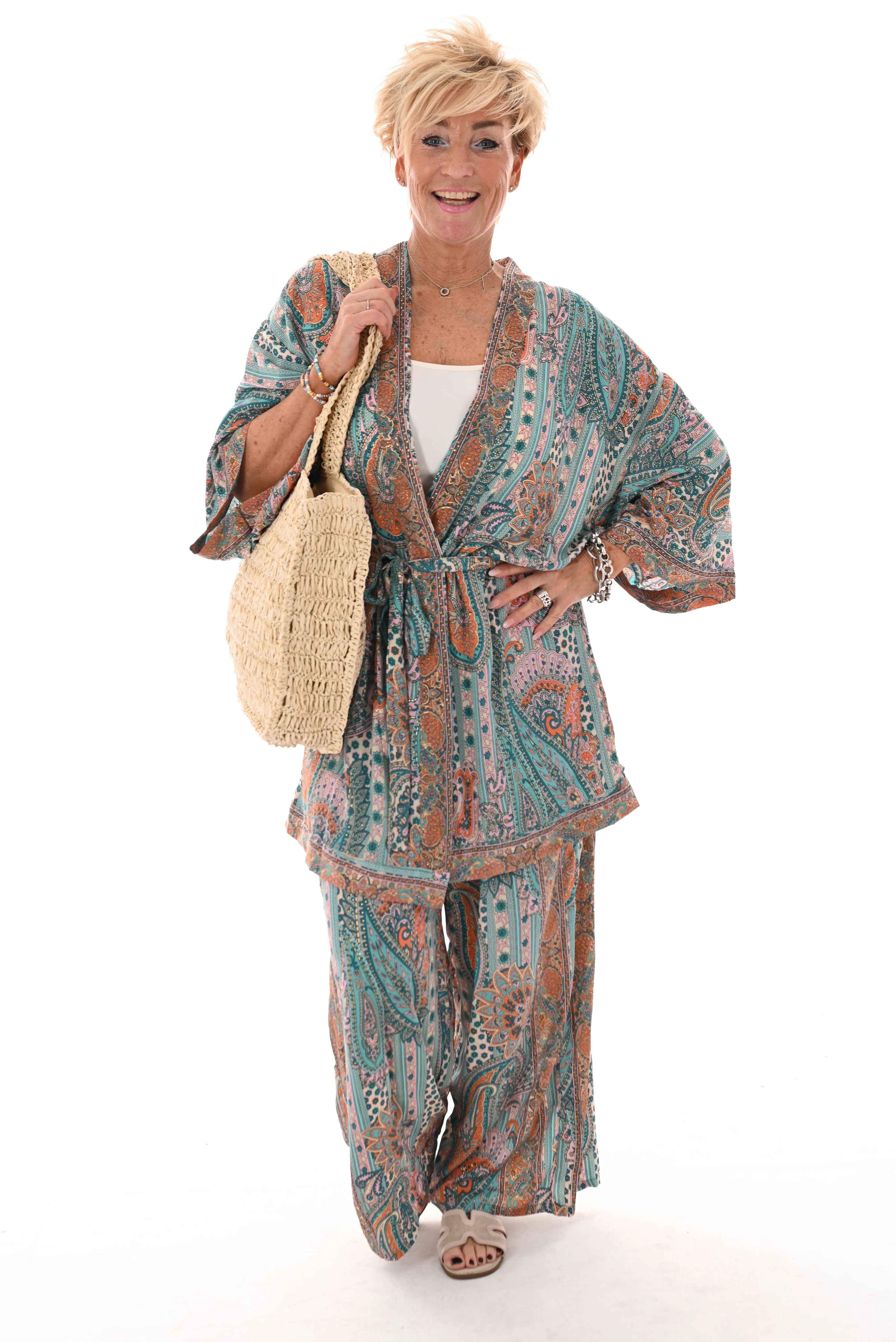 Tweedelig kimono pak paisley turquoise
