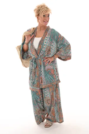 Tweedelig kimono pak paisley turquoise