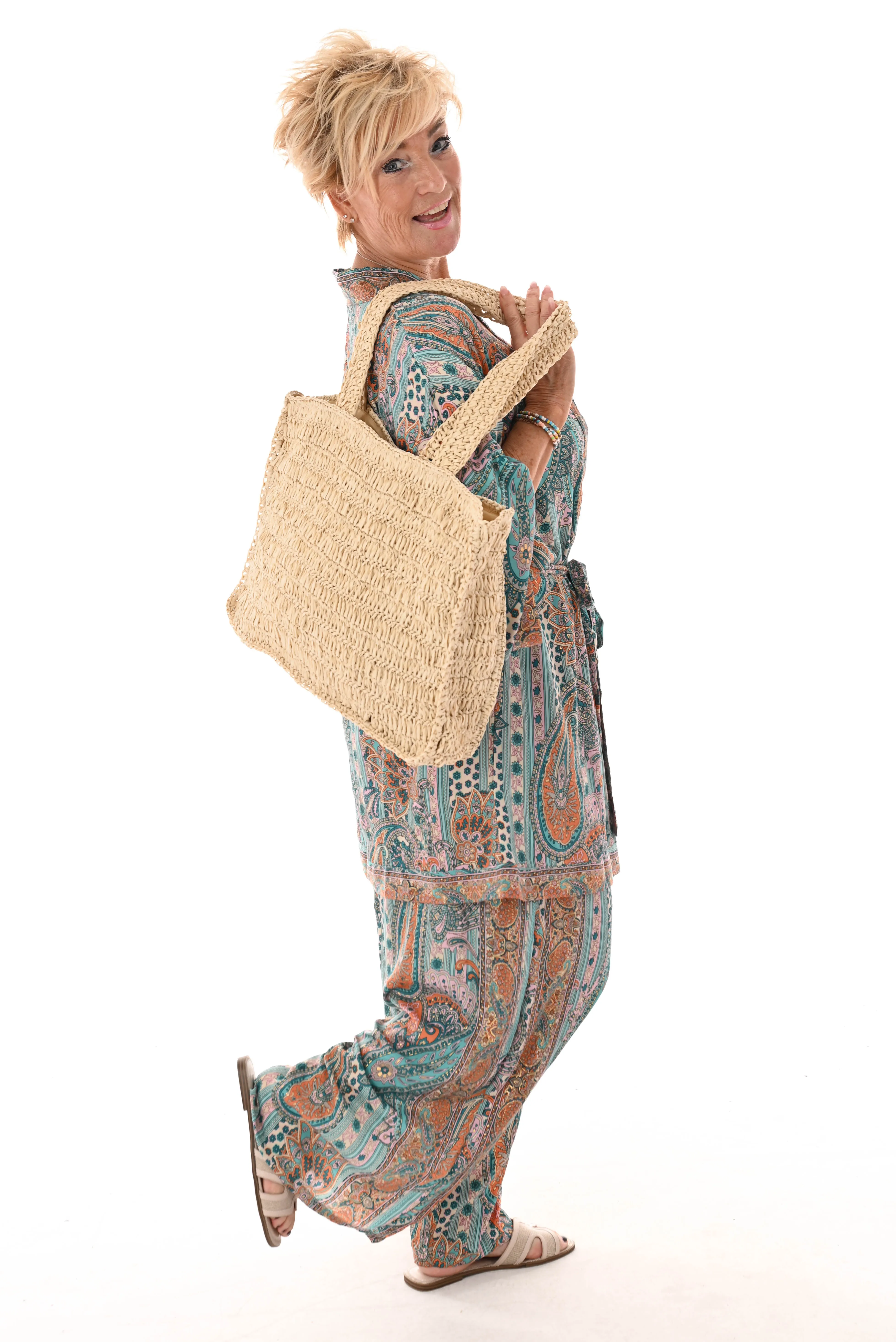 Tweedelig kimono pak paisley turquoise