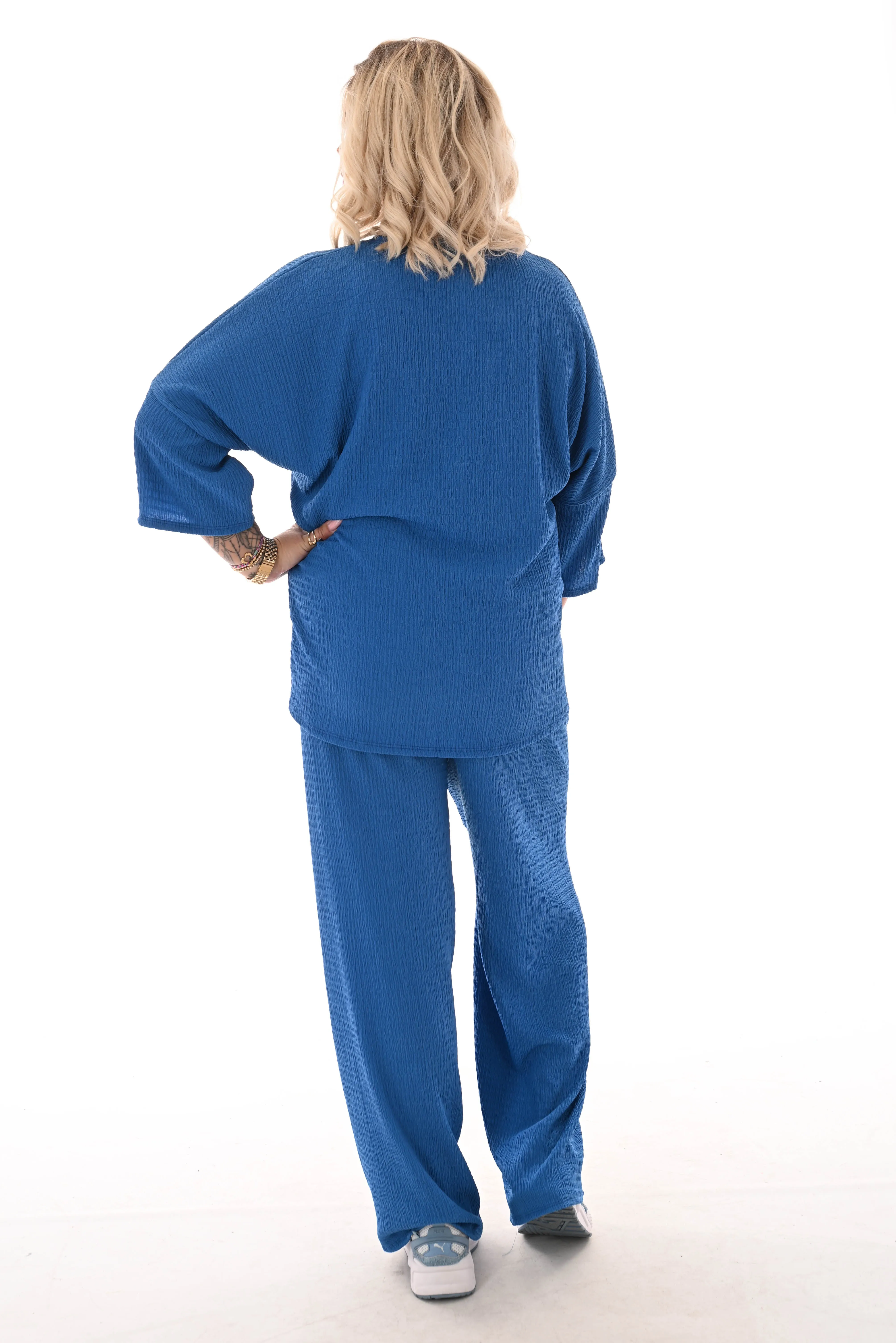 Tweedelig set crepe top 3/4e mouw kobaltblauw