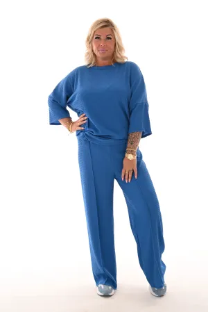 Tweedelig set crepe top 3/4e mouw kobaltblauw