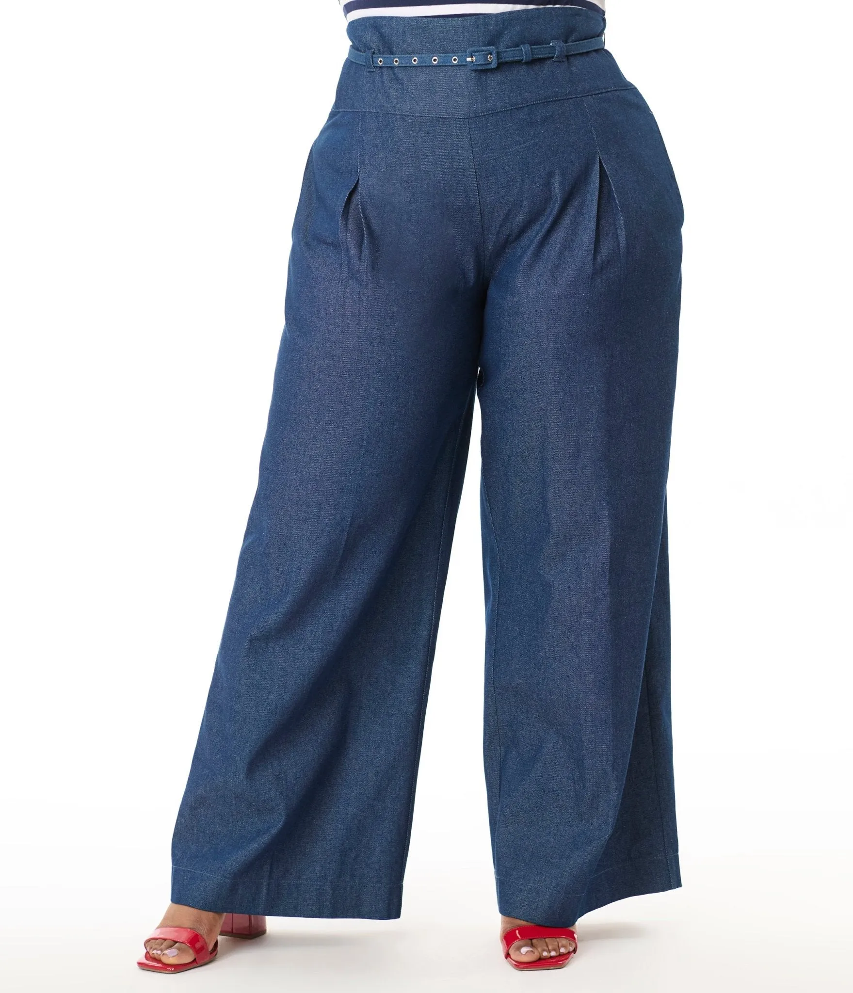 Unique Vintage Plus Size Denim Wide Leg Pleated Pants