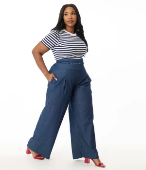 Unique Vintage Plus Size Denim Wide Leg Pleated Pants