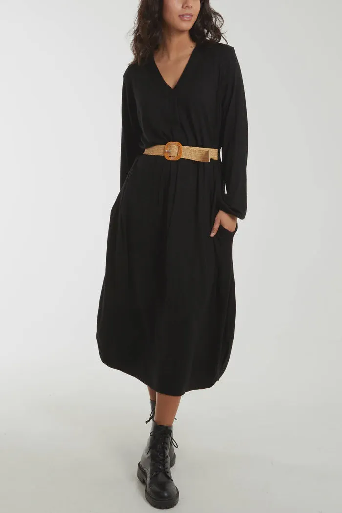 V-Neck Fine Knit Belted Tunic Dress