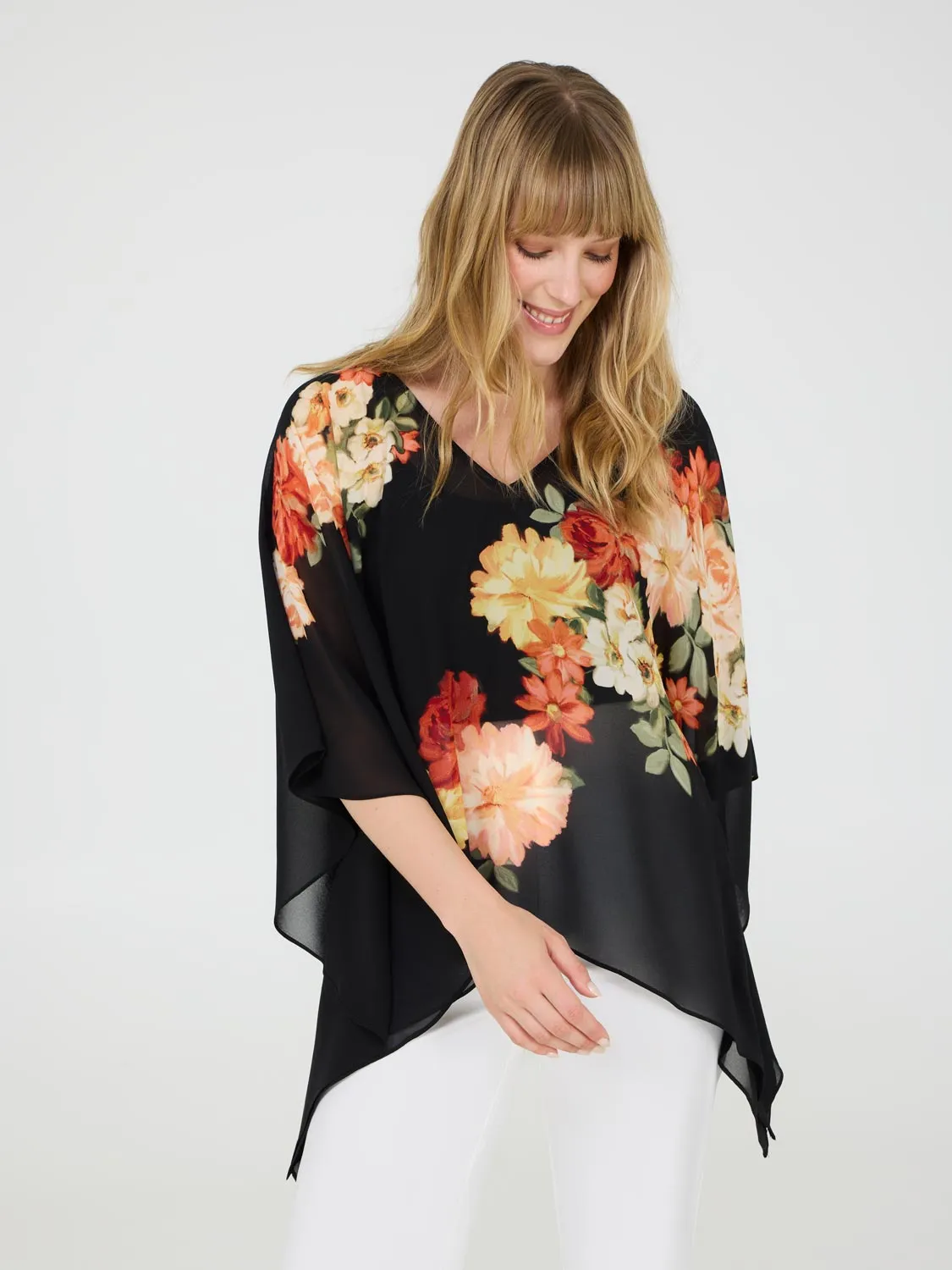 V-Neck Floral Poncho Blouse