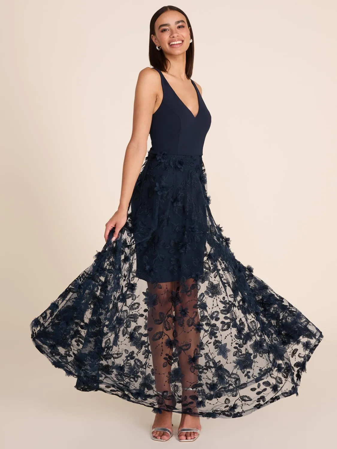 V-Neck Gown With Floral Appliqués