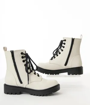 White & Black Leatherette Lace Up Boots