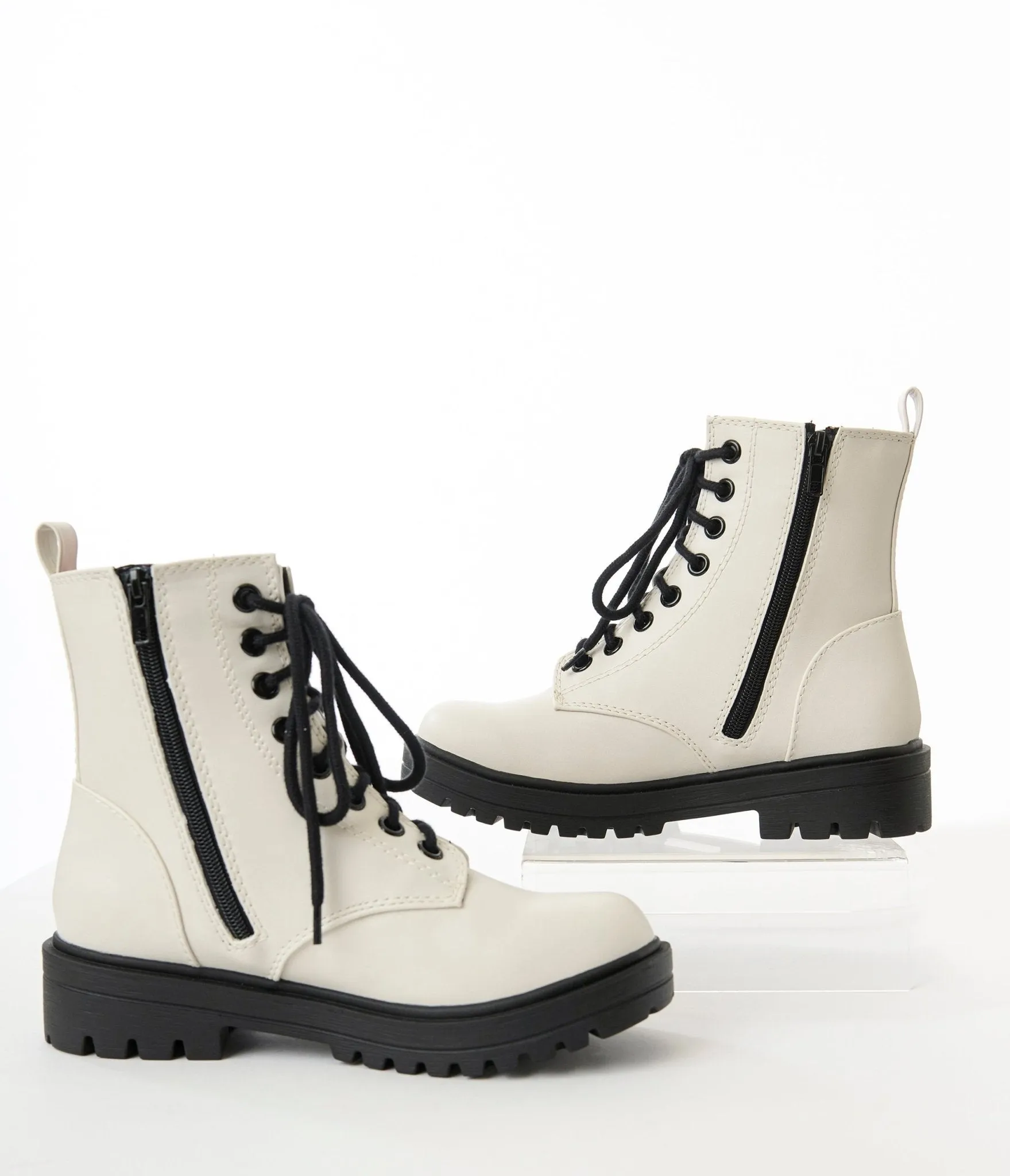 White & Black Leatherette Lace Up Boots