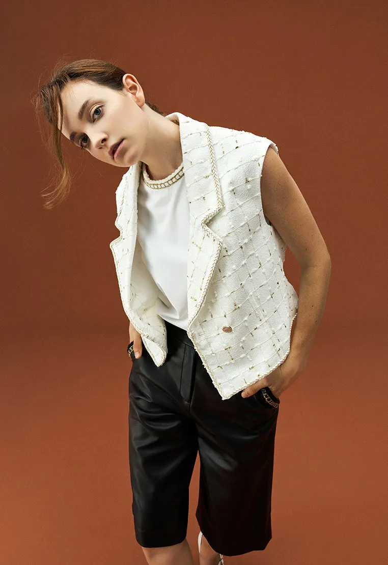 White and Gold Sleeveless Lapel Crop Vest