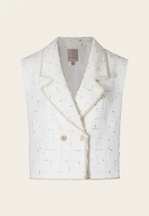 White and Gold Sleeveless Lapel Crop Vest